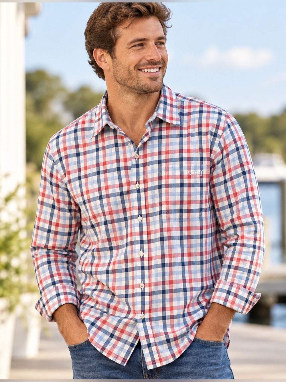 Southern Tide Men’s XL Classic Fit Plaid Button Down Shirt Red Blue Stretch